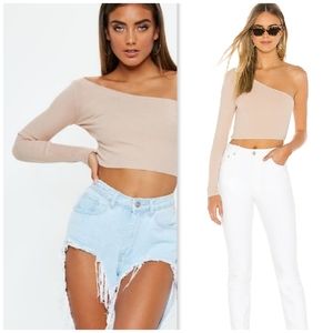 Ribbed Nude One Sleeve Crop Top